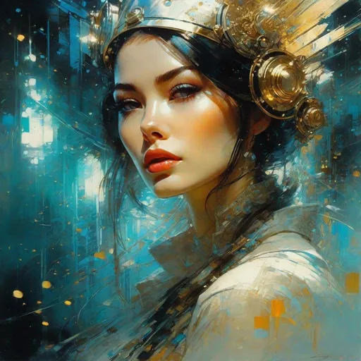 Prompt: digital film pointillism retro cyborg steampunk beautiful expression by Tran Nguyen Jeremy Mann Frank Frazetta Carne Griffiths WLOP, Intricate, Complex contrast, HDR, Sharp, soft Cinematic Volumetric lighting, stylized colours, wide long shot, perfect masterpiece"