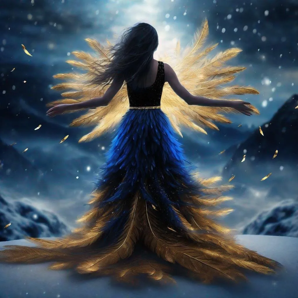 Prompt: 1 lady, blue and black dress Masterpiece High Quality Best Quality High Resolution 4k, Scenery  Light pouring down from above 
Many golden feathers dancing (Circular light leaking from the feet,  floating in the air) She  Looking up
she is Kneeling
Sideways Snowy landscape,Midnight black background. Ridge line,Low clouds, bokeh Splash art triadic colors