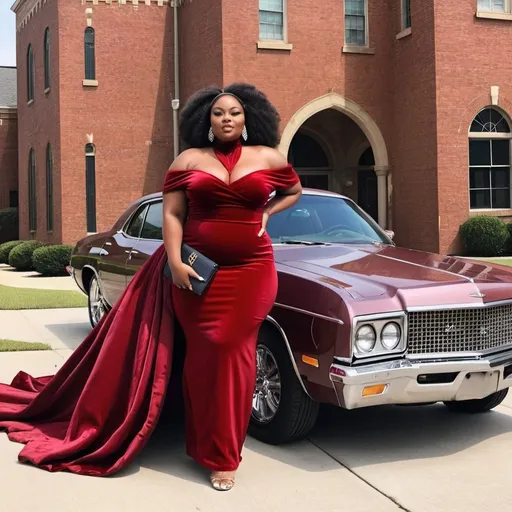 Prompt: Embracing her royalty in every step 👑✨ Watch this African American plus-sized queen owning it, while standing next to her old school car in a sleek long velvet red gown. Confidence, elegance, and beauty personified!