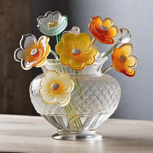 Prompt: Engraved blown glass flowers in vase with gold rim, light colors, art deco style"