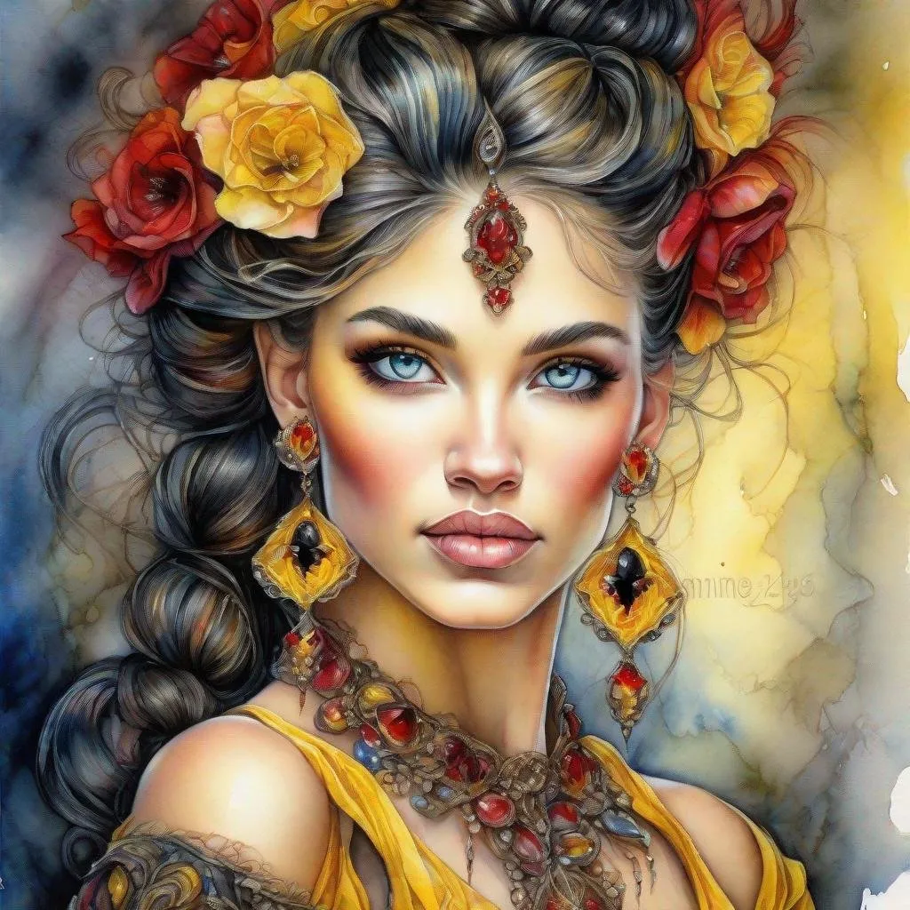 Prompt: beautiful woman, hair pinned up, yellow red black dress, earrings, Watercolor, trending on artstation, sharp focus, studio photo, intricate details, highly detailed, by  Josephine Wall and Jasmine Becket-Griffith