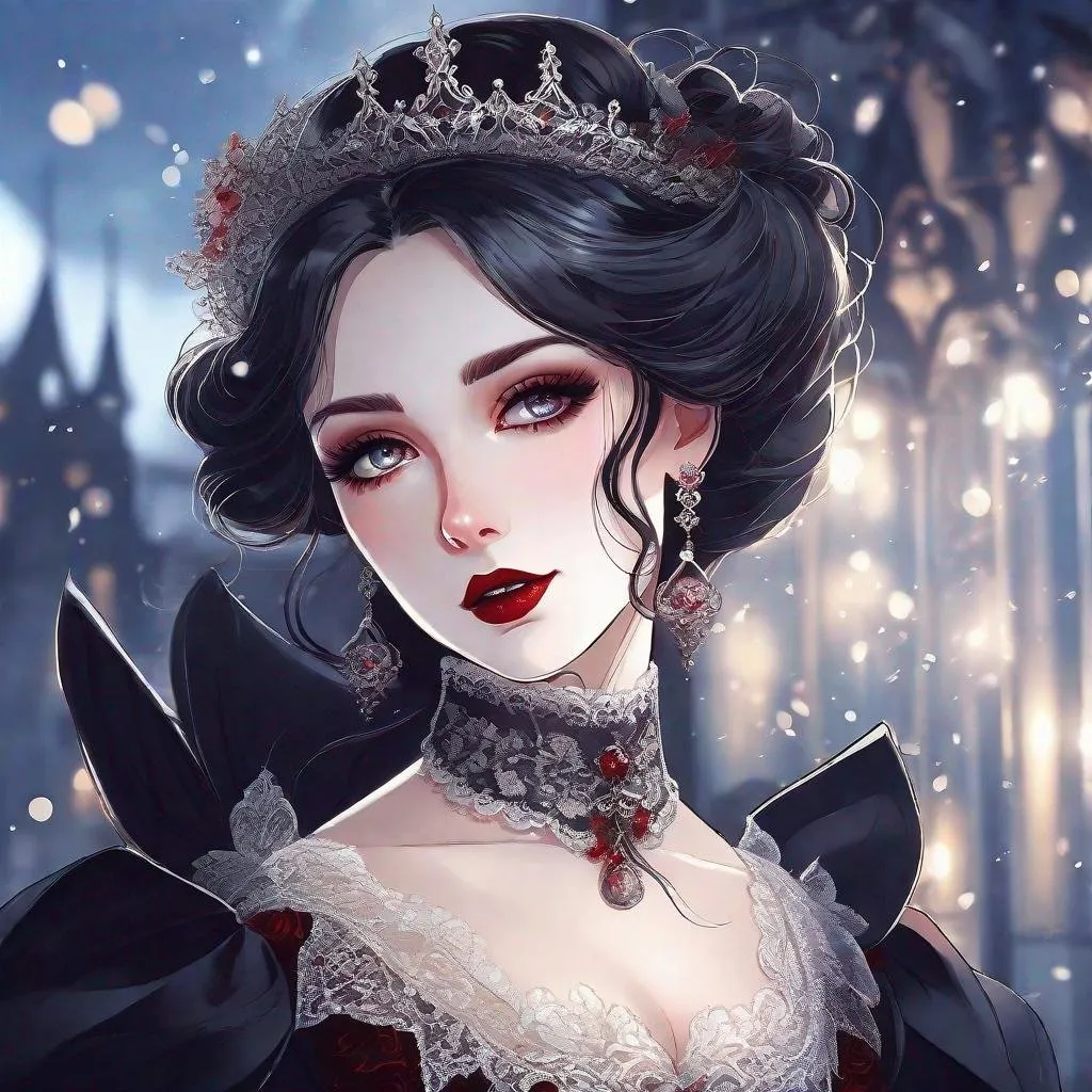 Prompt: ultra detailed illustration in anime style of a gorgeous vampire woman with (((iridiscent eyes))), (((extremely pale skin))), gothic victorian dress, blood on her lips running to her chin, depth of field, bokeh effect, backlit, stylish, elegant, breathtaking, visually rich, flat lights, flat colors, cel shading, art by best anime studios, by MSchiffer, 32k resolution, best quality, ink lines,