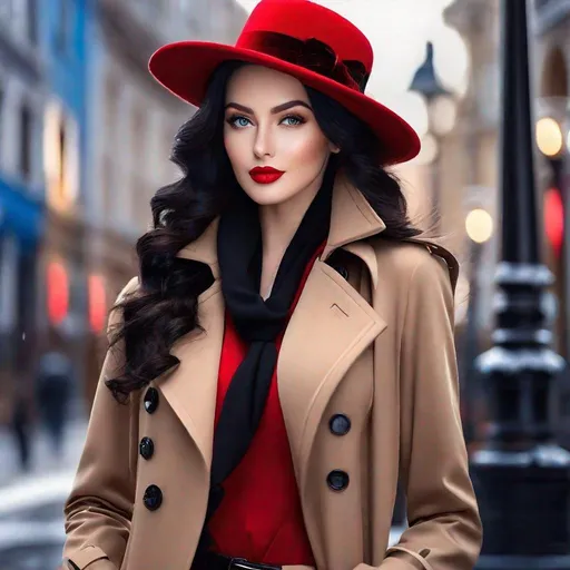 Prompt: 
long hair, black hair, lipstick, makeup, red lips,  lips, blue eyes, mature female, curly hair,  long legs, narrow waist, curvy,  
trench coat, , belt, red headwear, black gloves, red coat, long coat, scarf, 
extremely detailed CG unity 8k wallpaper, perfect lighting,Colorful, Bright_Front_face_Lighting,shiny skin, masterpiece, photography, 8K, HDR, highres,  Kodak portra 400, film grain, blurry background, bokeh, lens flare, vibrant_color, professional photograph, (beautiful_face:1.5),