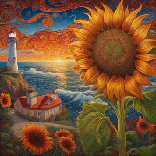 Prompt: a painting of an enormous sunflower covering a lighthouse and a little red house in the background, a detailed painting, by Rob Alexander, psychedelic art, swirls of fire, golden hour intricate, oceanside, painting of beautiful, journey, depicting a flower, leading to a beautiful, detailed hd, near the seashore, stunning detailed picture, beautiful depiction