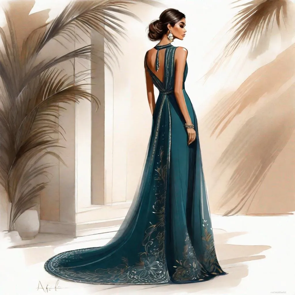 Prompt: Araffe Fashion illustration of a woman in a persian  chacoal dress, Detailed fashion illustration, by Eva Gonzalès, Estilo de Charlie Bowater, Al estilo de Charlie Bowater, Arte conceptual de moda, por Rhea Carmi, Luxury fashion illustration, fashion illustration, vestido fluido, vestido, inspired by Slava Raškaj, vestido hermoso vestido, garbed in a chacoal gown