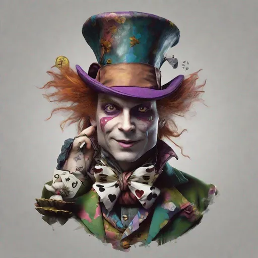 Prompt: the mad hatter from Alice in wonderland mixed with the aesthetic of the game the great adventure of the material world by Joe Casely-Hayford, concept art character design 4k