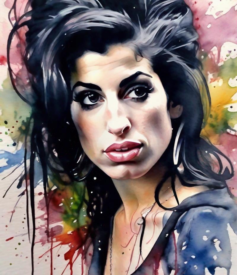 Prompt: A closeup of  Amy Winehousein  Perfect Composition, beautiful watercolor painting on a watercolor paper, splash art, intricately detailed, elegant, detailed, realistic brush strokes, wet brush, wet wash, impressioni