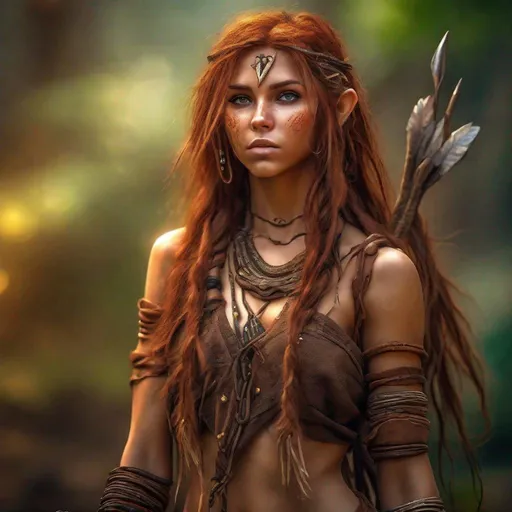 Prompt: Photorealistic 24K resolution, bokeh, beautiful young tribal hunter girl - full body pose - perfect body, long elf ears, leather tribal crop top, naughty and disheveled - big bright and expressive eyes, perfect features - long wavy reddish hair with loose tendrils, wild wild background, strong look, intricate details, HDR artistic masterpiece, bokeh,