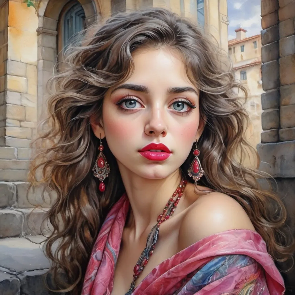 Prompt:  sitting in the middle of the street, of a beautiful young woman, pink slanted eyes with large eyelashes, wavy dark hair, red lipstick, boho sytle dress, silk scarf on his neck, perfect face, shine, realistic, best image quality, oil painting, vivid colors, gray background., Watercolor, trending on artstation, sharp focus, studio photo, intricate details, highly detailed, by Josephine Wall and Jasmine Becket-Griffith