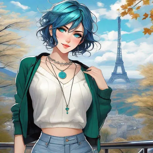 Prompt: Standing. Realistic manga. Perspective effect. French woman with rock style. Short wavy soft intense blue hair with tousled black highlights. Slender triangular face. Freckles. Bright blue-green eyes. Smile, shiny lips. Medallion necklace, silver earrings, White wool sweater with plunging neckline, pleated mini-skirt, black stockings, white sneakers, masterpiece, 16k RAW, HDR, Award Winning Work 