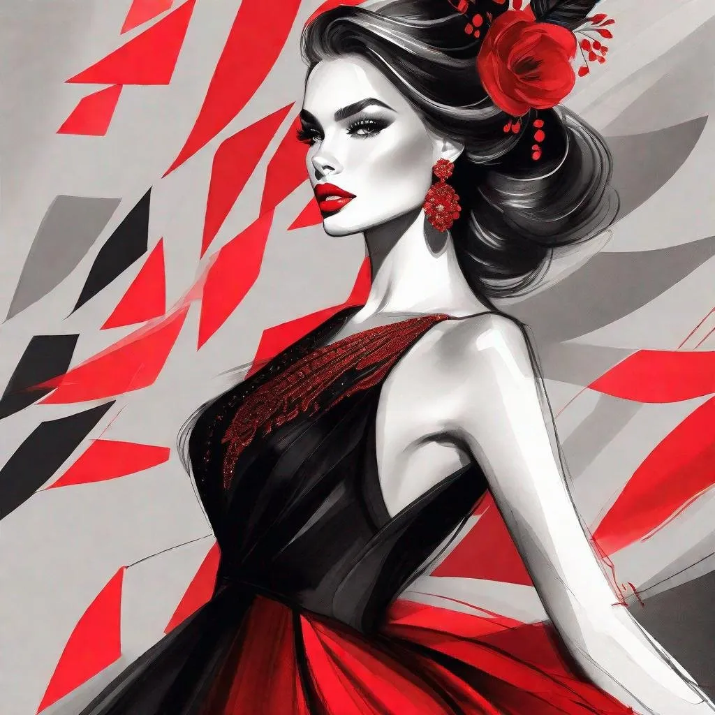 Prompt: Araffe Fashion illustration of a woman in a black and red dress, Detailed fashion illustration, by Eva Gonzalès, Estilo de Charlie Bowater, Al estilo de Charlie Bowater, Arte conceptual de moda, por Rhea Carmi, Luxury fashion illustration, fashion illustration, vestido fluido, vestido, inspired by Slava Raškaj, vestido hermoso vestido, garbed in a black and red gown