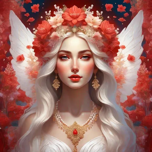 Prompt: A goddess in a detailed white dress standing barefoot on/in a sea of blood coral, with a flower crown of lilies of the valley in her hair, with a deep intense gaze and compassion for the world, in a dreamlike vision