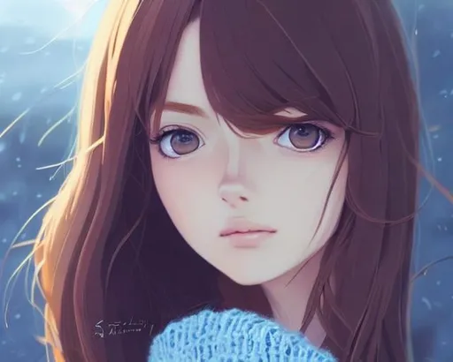 Prompt: "Close-up face portrait of a brown-haired girl wearing blue knitted sweater, big black anime eyes, soft lighting, detailed face, by makoto shinkai, stanley artgerm lau, wlop, rossdraws, concept art, digital painting, looking at camera"