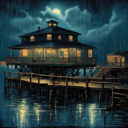 Prompt: A rain-soaked pier at night in a romantic, vintage setting with aquatic elements, capturing the mood of The Shape of Water, featuring navy blue. hiperrealism art by  Tim Doyle