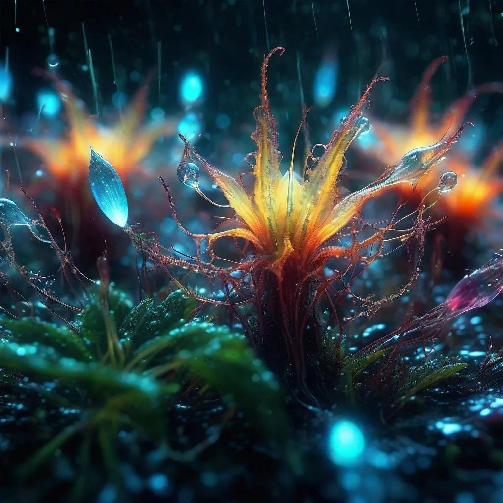 Prompt: Surreal glowing magical plants  shooting ghostly flames out of them. Insanely detailed, abstract magical fantasy, dew drops, cosmic, irridescent, bioluminescent glow, sparkles, Tim Burton Carne Griffiths, high detail complexity, splash screen, 64 megapixels, HDR, CGSociety, fantasy photography