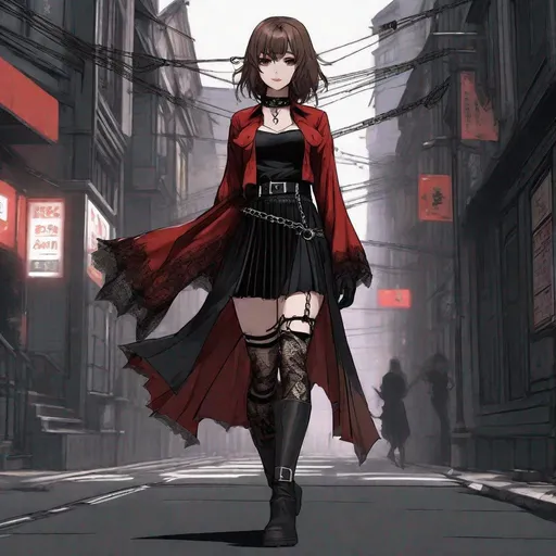 Prompt: Anime girl with brown hair, various gothic chokers around neck, Red silk strapless shirt with pattern on front, long flared sleeves, Black pleated skirt held up by thin leather belt, thin chains hanging around front hip Light lace on left leg Mid-calf mesh stockings. Fingerless leather glove on left hand. 
walking down a street, anime style 4k, badass anime 8k, anime style. 8k, best anime wallpaper 4k konachan, anime style 3d, anime art wallpaper 8 k, cyberpunk anime girl, 4k anime wallpaper, anime wallpaper 4k, anime wallpaper 4 k, anime wallpaper 4 k, trending on artstation pixiv