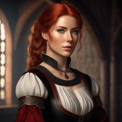 Prompt: Pretty red-haired woman, Short low ponytail, Two heavy scars on the right eye, white eyes, cocky, arrogant, Black and red leather top, portrait, Medieval times, Shadow, Wide shot, High detail, Anatomically correct, Masterpiece, High resolution, High quality, High detail, 8k,