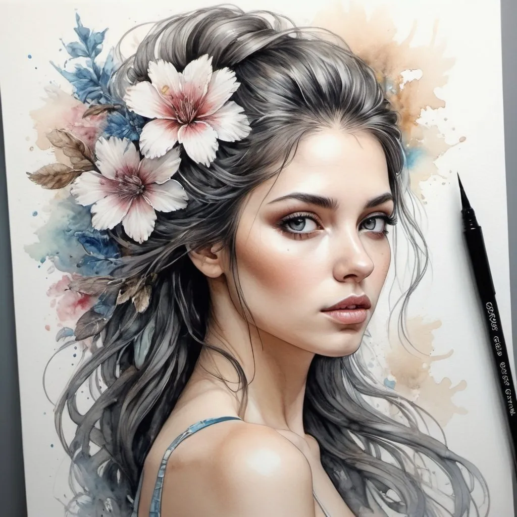 Prompt: Dibujo en tinta alcohólica con alto detalle de una mujer con flores tejidas en su cabello largo, estilo de pintura karol bak uhd, hermoso retrato artístico de fantasía, goteo, pluma y tinta, acuarela, 8K