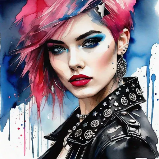 Prompt: Lady punk, Short hair on one side, semi-long hair on the other, intense pink and blue, Digital watercolor Illustration, choker with studs. Eyes with black striking makeup, red lips, Black leather jacket with a metal plate with a star of David Style art by JB, Waterhouse, Carne Griffiths, Minjae Lee, Ana Paula Hoppe, Stylized watercolor art, Intricate, Complex contrast, HDR, Sharp , soft Cinematic Volumetric lighting, pastel colors, wide long shot, perfect