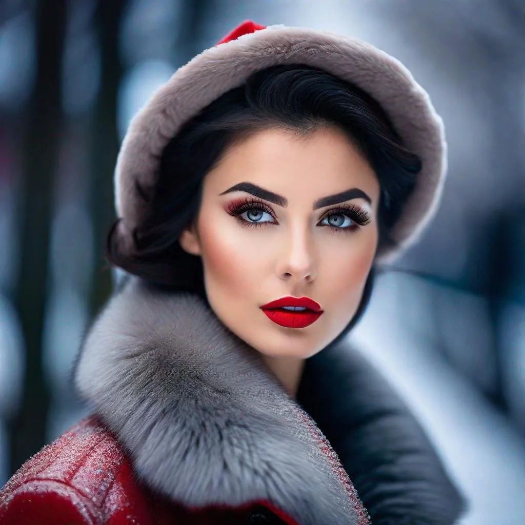 Prompt: Elegance glamorous vintage, trending on artstation, sharp focus, pgotograph of A young woman, pretty, with a winter coat, grey fur coat, dark hair, red cheeks, big eyelashes, big eyes,  grey clothes, cold, Volumetric light, vivid colors reflects,  photographer Lynsey Addario , hyper detailed, trending on artstation, sharp focus, studio photo, intricate details, highly detailed, by Josephine Wall and Jasmine Becket-Griffith