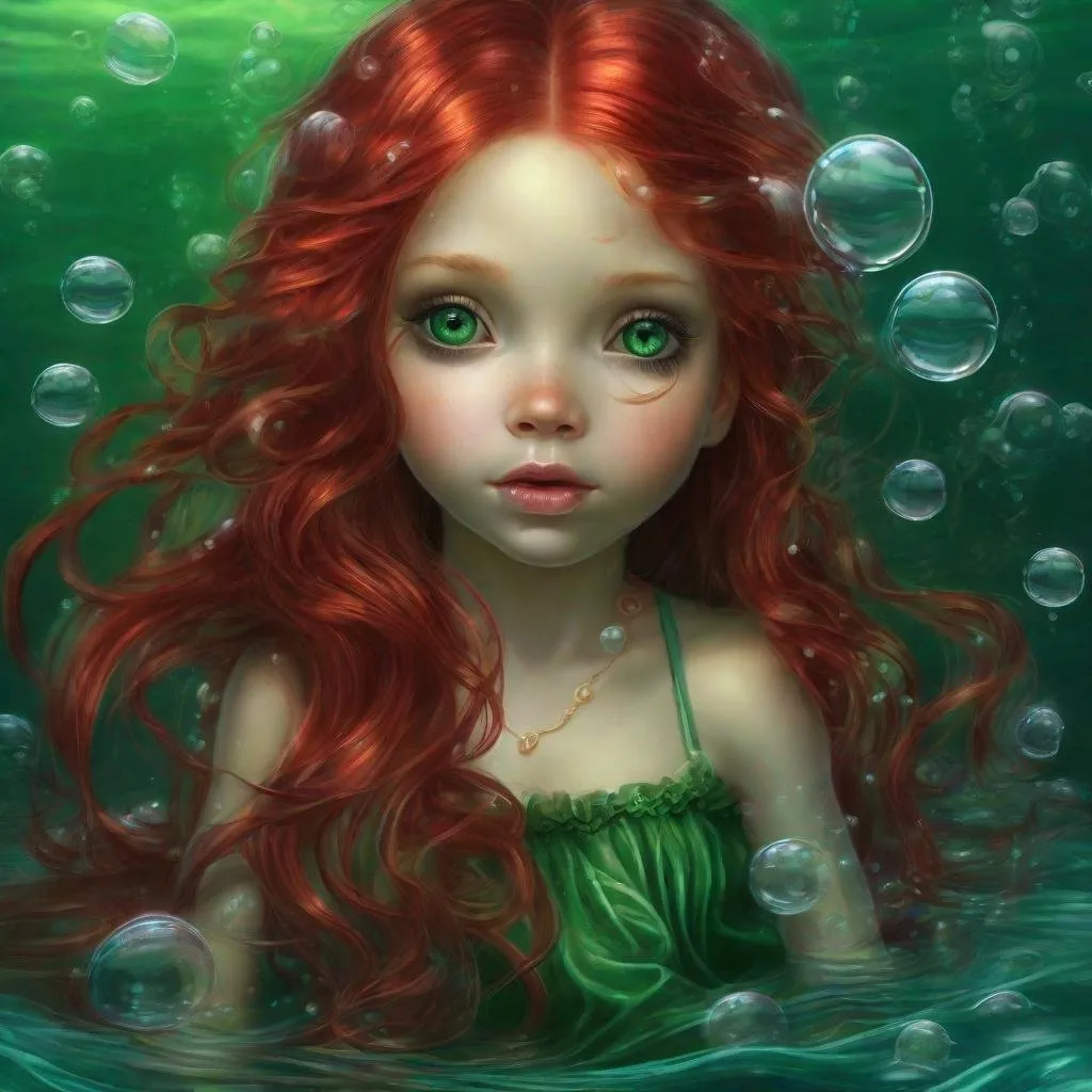 Prompt:  The most beautiful woman with red long hair, underwater, she is lost, little bubbles, green silk beautiful dress, water, photorealistic, ultrarealistic, 32K, 18K, digital graphics, HD, HDR, UHDR Art by Jasmine Becket-Griffith