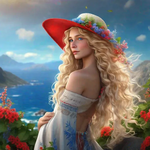 Prompt: Full body portrait , (nature goddess),(blond long curly hair) with little colorful flowers, beautiful (red hat ), blue eyes, wind, sea,sun ,mountains , vines, ultra detailed, photorealistic, ultrarealistic, 32K, 18K, digital graphics, HD, HDR, UHDR
13 h