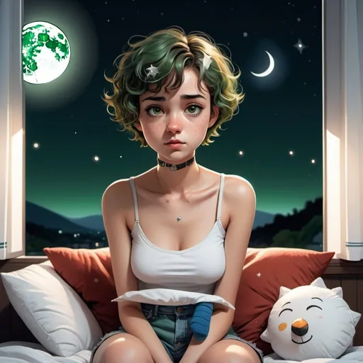 Prompt: Full body shot of a beautiful Cartoon style girl with short hair, deep green and curly, she has black eyes, she is somewhat upset, sitting on the bed where there are some cushions and books, she wears a white shirt and blue jeans shorts, kunar socks. Behind a window where you can see the moon and stars. Cinematic, ultra-realistic, white background.