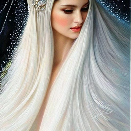 Prompt: Hyperrealism, Oil Painting, Snowy Landscape, full length woman, beautiful, intricately detailed face, white dress, detailed straight white hair, mythical, elegant,  by noriyoshi ohrai