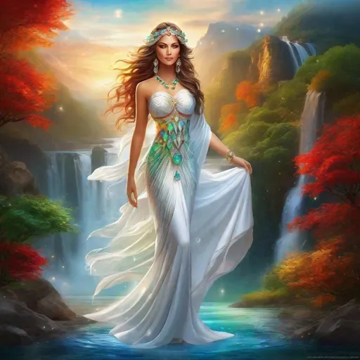Prompt: Total Full body profile, Fantasy, A breathtaking Goddess of the four elements of life, beautiful white dress with shiny gems, color red for fire, color blue for water, color green for earth, background based on the 4 elements of life and waterfall