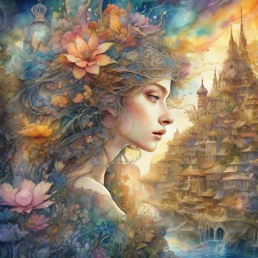 Prompt: Complex Digital wonderland watercolour, fantasycore Illustration, by Waterhouse, Josephine wall, Minjae Lee, Ana Paula Hoppe, Stylised watercolour art, Intricate, Complex contrast, HDR, Sharp, soft Cinematic Volumetric lighting, lush flowery pastel golden hour colours, wide long shot, perfect
detailed matte painting, deep color, fantastical, intricate detail, splash screen, complementary colors, fantasy concept art, 8k resolution trending on Artstation Unreal