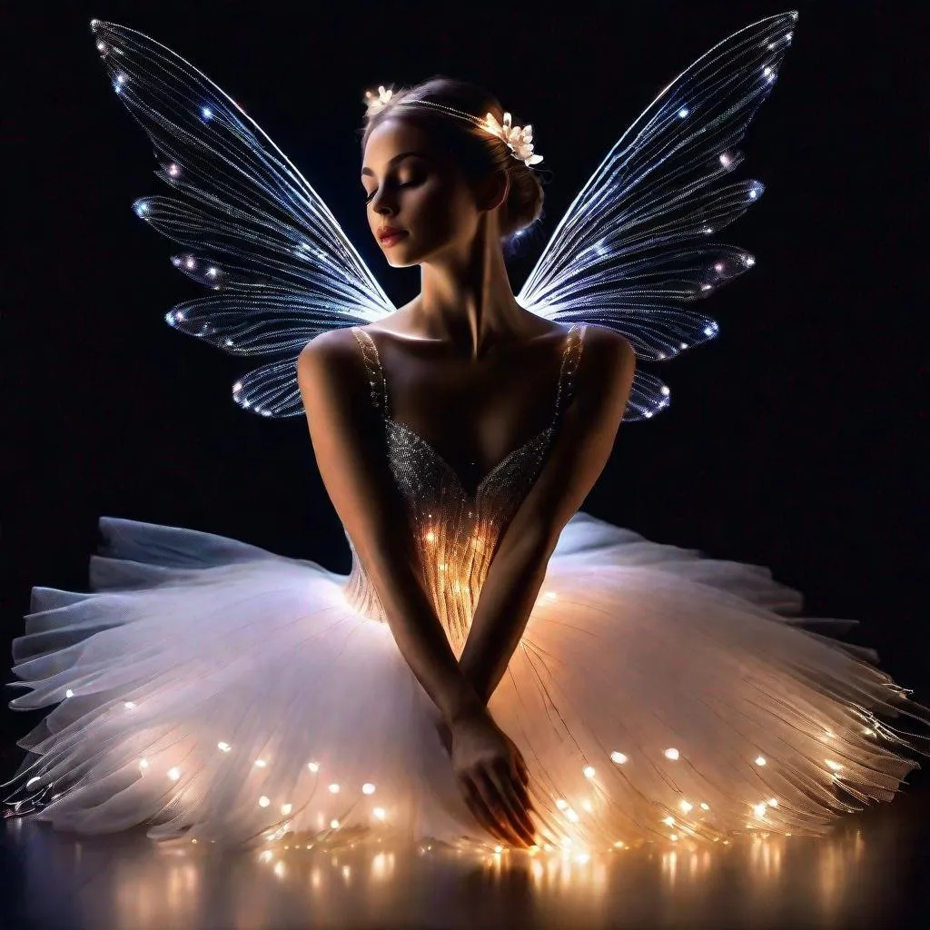 Prompt: Delicate and sublime ballet dancer created with fiber optics sleeping at the end of some tips flowers of lights or fairy wings Black background, hyperrealism