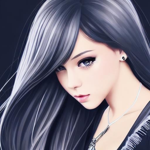 Prompt: Young female, defined facial features, beautiful eyes,  black hair with silver highlights, defined and well structured.  high-heeled shoes,   digital illustration, extreme detail, digital art,   little cute chibi, aesthetic style, photography,