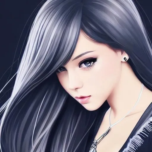Prompt: Young female, defined facial features, beautiful eyes,  black hair with silver highlights, defined and well structured.  high-heeled shoes,   digital illustration, extreme detail, digital art,   little cute chibi, aesthetic style, photography,