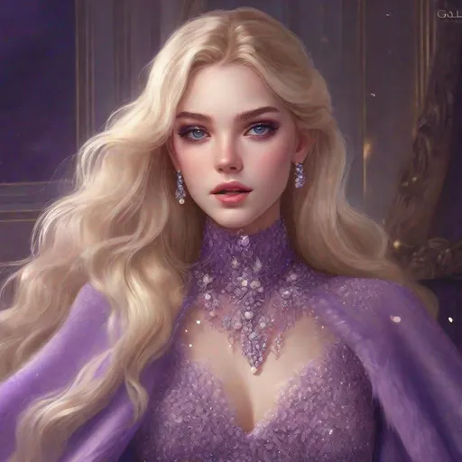 Prompt: masterpiece, best quality, 1 girl, skinny body, pastel color, blonde hair, extra long hair, curvy hair, (perfect face), purple eyes, (perfect face), detailed eyes, deep purple long turtleneck dress, glitter dress, lace cape, gems, pearls embroidery, elegance gala, luxury interior, shine, portrait, ((fur shawl)), sipping champagne