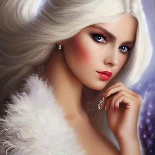 Prompt: Hyperrealism, Oil Painting, snowy landscape, Russian woman,  beautiful well-defined face, big eyes, sensual lips, white dress, straight white hair,  full body, mythical, elegant, volumetric lighting, by Anne Stokes and noriyoshi ohrai