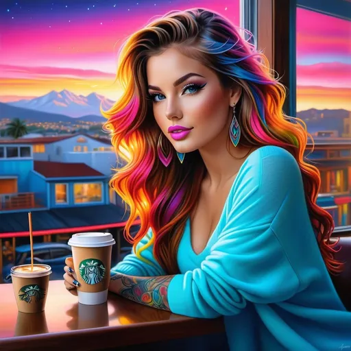 Prompt: realistic illustration airbrush vibrant girl long wavy hair tattoos make up neon coffee window off the shoulder jumper  art by Jim Warren