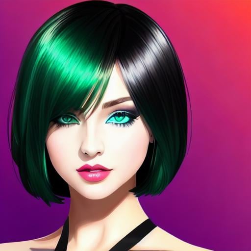 Prompt: photographic panoramic, | Young female, defined facial features, beautiful eyes,  black hair with silver highlights, emerald green dress, defined and well structured.  high-heeled shoes,   digital illustration, extreme detail, digital art,  photography,