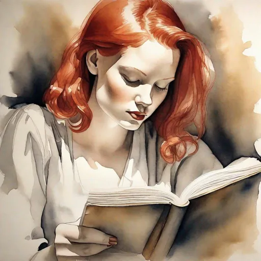 Prompt: portrait of a red-haired girl reading. Ink wash painting. colorful ink flow. Old parchment paper. paper texture. Cross-hatching art by Tamara de Lempicka 