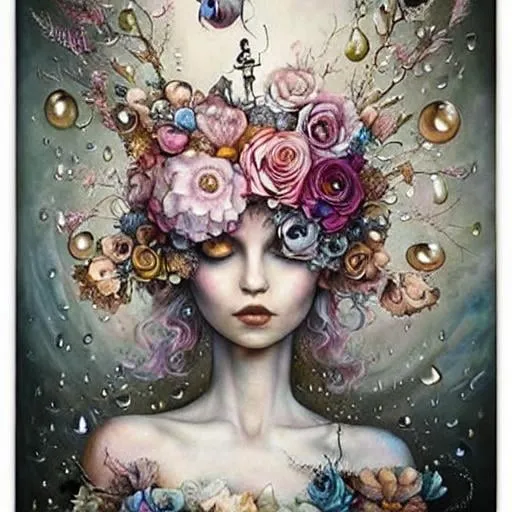 Prompt: realistic painted still life beautiful flowers by ambrosius bosschaet!!!!!, floating in the sky, iridescent water drops, crystal chandelier drops, glitter sparkles, symmetrical face, daniel merriam art, steampunk, muted colors, fairy wings, nicoletta ceccoli, daniel merriam art, jennifer healey art, fantasy art, renaissance gown, hyper realistic flower bouquet painting,  soft shadows, stunning, dreamy, elegant, perfect face, sparkles, Beautiful goddess, Haute Couture, princess dress, joseph karl steiler art, architecture illustrations 1800s, garden of roses and peonies background, ultra detailed, soft lighting, infinite depth, incredibly detailed, ultra realistic, high index of refraction, hyper realistic elegant smooth sharp clear edges, sharp focus, wide angle perspective, ultra realistic, sense of high spirits, volumetric lighting, occlusion, Unreal Engine 5 128K UHD Octane, fractal, pi, fBm