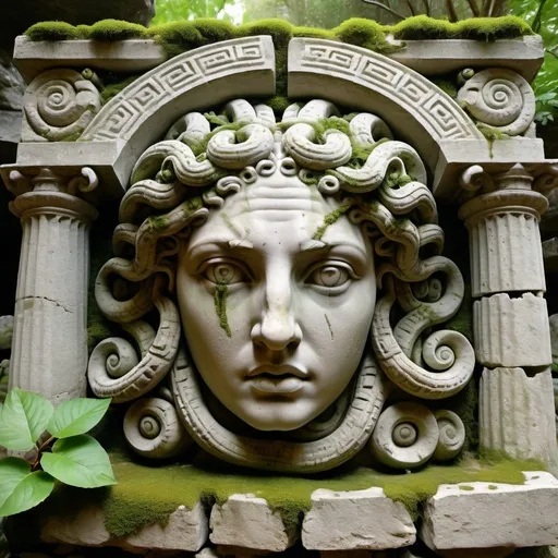 Prompt: Rough stone relief of a Medusa face (Greek mythology) Ancient Greek Μέδουσα Médousa with a background of temple ruins with moss, vines and a hidden entrance covered in vines, looking ancient as if it had been hidden for centuries, partially covered by fallen rocks and it looks as if someone had recently discovered the entrance. HD, 3D, 6k