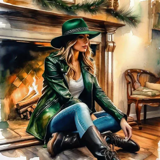 Prompt: Beautiful girl in dark green leather jacket and woven hat of the same color 3/4 face sitting in front of a fireplace at Christmas line ink and watercolor by Waterhouse, Greg Olsen, Carne Griffiths, Alex Ross, Lou Xaz, Stylized splash art, Intricate, Complex contrast, HDR, Sharp, soft Cinematic Volumetric lighting, complimentary blended colors, wide long shot, perfect masterpiece".