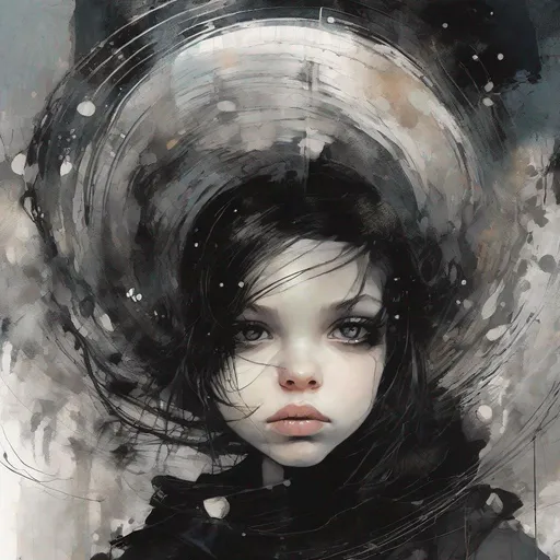 Prompt: A pouty goth punk girl by Holly Hobbie, Richard Burlet and Russ Mills; serious but dark; cute but distant
A goth punk girl inside a swirly black hole dreamscape brainstorm