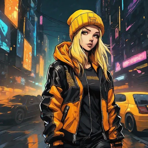 Prompt: A blonde Girl wearing a black leather jacket with her hands inside the jacket. She is wearing a yellow-orange beanie. She is walking in a cyberpunk city., vibrant, illustration, anime