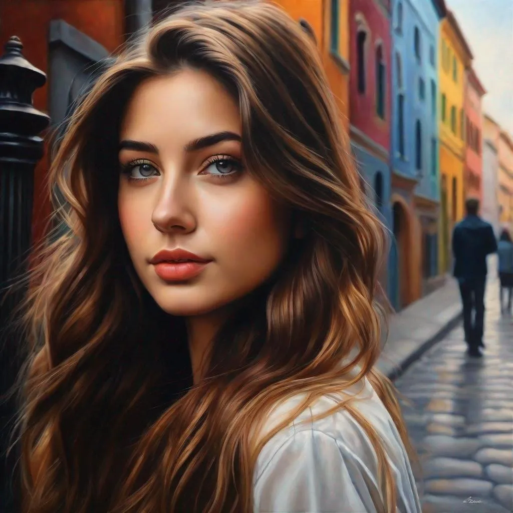 Prompt: realistic,photorealistic,masterpiece,best quality,1girl,solo,(standing in street),looking at viewer,(long hair), colorful ,Masterpiece best quality beautifully painted highly detailed highly, detaild, masterpiece  best quality, art by  Daria Petrilli