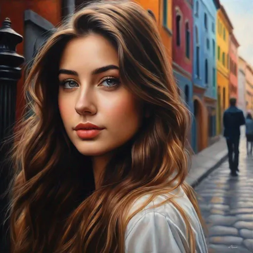 Prompt: realistic,photorealistic,masterpiece,best quality,1girl,solo,(standing in street),looking at viewer,(long hair), colorful ,Masterpiece best quality beautifully painted highly detailed highly, detaild, masterpiece  best quality, art by  Daria Petrilli