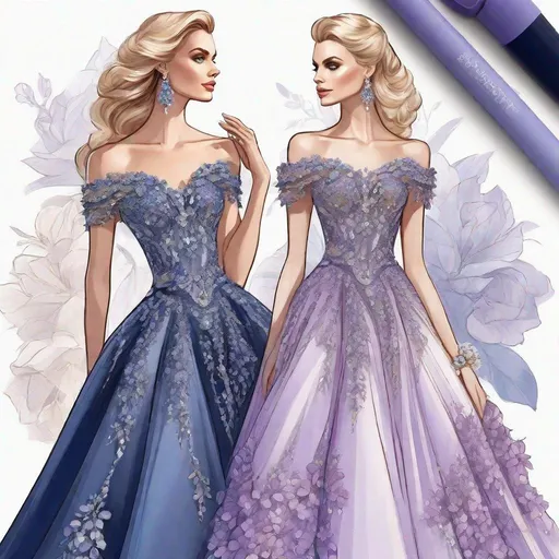 Prompt: fashion design sketch, tanned blonde in off-shoulder iridescent dark blue and lavender multi-color floral ball gowns with diamonds, floor length, matching jewelry including necklace, trending on artstation, sharp focus, studio photo, intricate details, highly detailed, by greg rutkowski