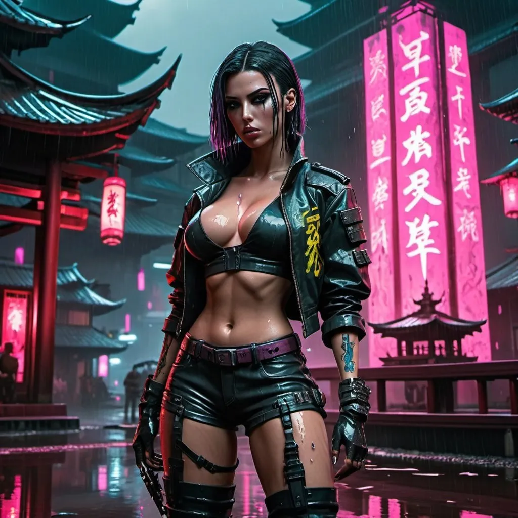 Prompt: A woman designed with a high level of detail and a brilliant, almost hyper-realistic quality, typical of the fantasy art of Darkest Dungeon. She cyperpunk slays Kim Kardashian, pink suit, cropped leather jacket, shorts and thigh-high heeled boots, sparkly. realistic. rainy day, wet, water dripping, standing against the background of a Japanese temple, epic masterpiece, cinematic experience, Cyberpunk 2077 8k, fantasy digital art, HDR, UHD. This contrast between the fantastical character and the more traditional combination of colors and elements gives the piece an intriguing narrative quality.