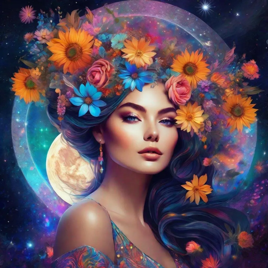 Prompt: : A woman with the moon and flowers in her hair, a face that merges into the universe, psychedelic surreal art, Portrait of a cosmic goddess, Psychedelic Goddess, Great digital art with details, surreal, cosmic and colorful aesthetics