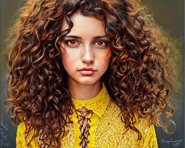 Prompt: "Face portrait of young woman, smooth smooth skin, big dreamy brown eyes, beautiful long curly brown hair, symmetrical haircut, low lighting, detailed face. Yellow lace-up blouse, stanley artgerm"