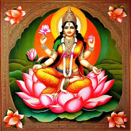 Prompt: Painting of Indian Goddess Lakshmi blessing people with one hand and holding a lotus in the other.